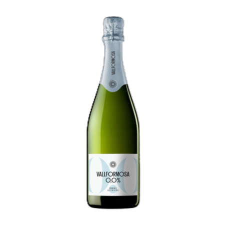 Vallformosa 0.0% Blanc de-alcoholized white wine bottle, alcohol-free sparkling wine with minimalist white label.