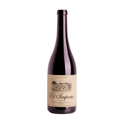 Ampolla de vi negre 'El Imperio' de Bodega Las Calzadas (DO Ribera del Júcar). L'etiqueta mostra una il·lustració artística i detallada en tons sèpia d'un paisatge de vinyes velles amb arbres i un cel obert. El disseny transmet una sensació de tradició i respecte per la terra.