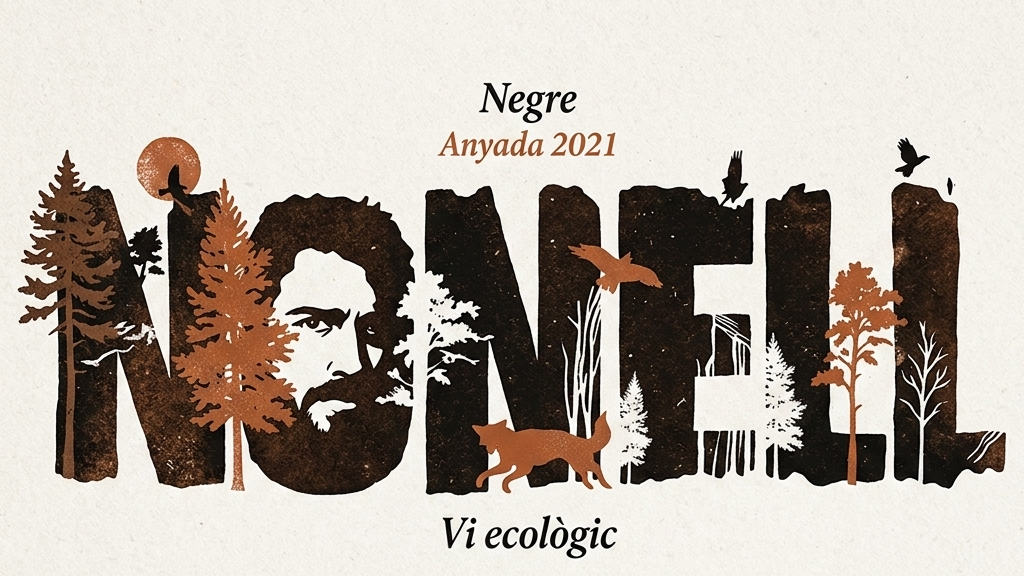 Imatge de de l'etiqueta de vi negre ecològic Nonell de la DO Pla de Bages. L'etiqueta blanca destaca pel logotip 'NONELL' amb una tipografia robusta que integra il·lustracions detallades de la fauna i flora local, incloent-hi pins, roures, una guineu i aus. Al centre de la lletra 'O' hi apareix el rostre d'un noi amb barba que representa l'home de la Catalunya Central. Al fons, es veu una composició artística que amplia aquests elements, mostrant relleus terrosos amb pedres rodones que simbolitzen el passat geològic del pic de Collbaix