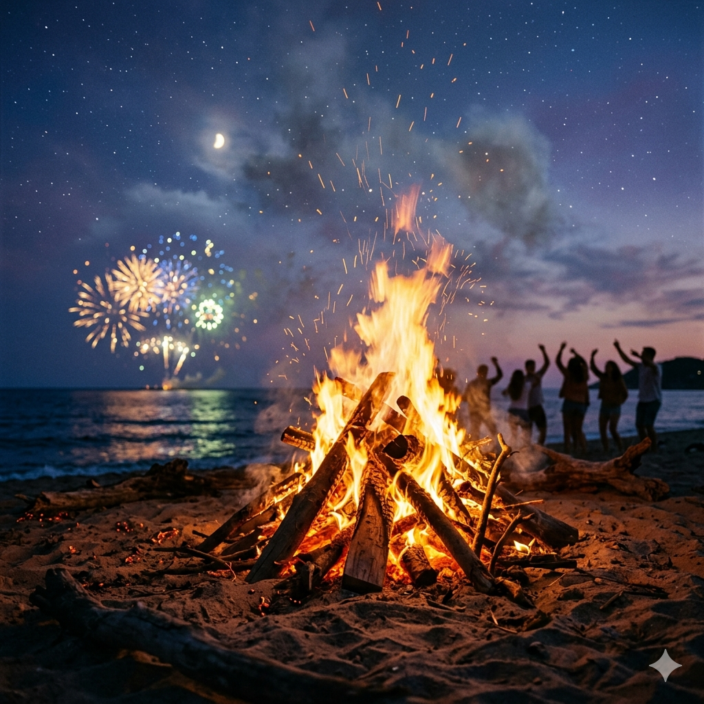 Imatge que mostra una gran foguera de Sant Joan en una platja mediterrània al capvespre, capturant l'esperit místic i festiu de la celebració pagana amb foc, espurnes i focs artificials.