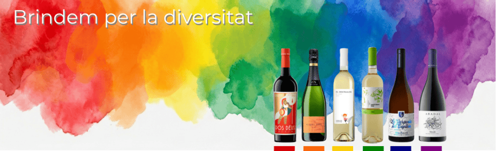 Banner de Wonderful Wines amb el text 'Brindem per la diversitat' sobre un fons amb els colors de la bandera LGTBI i la selecció de 6 ampolles de vins per a l'Orgull