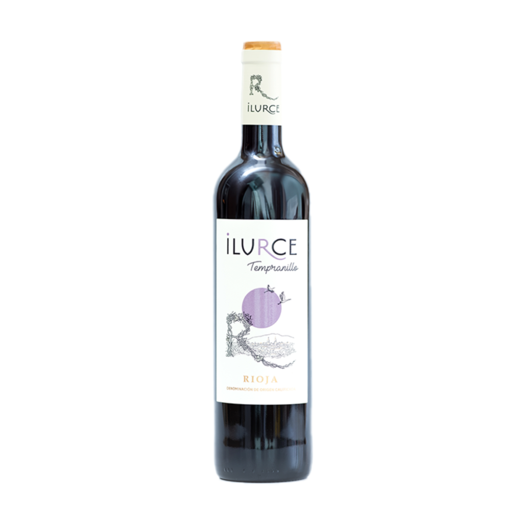 Ampolla de vi negre Ilurce Tempranillo Jove, DOCa Rioja, amb una etiqueta moderna i un color de vi jove intens