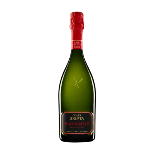Ampolla del Corpinnat Brut Nature Kripta Bayanus d'Agustí Torelló i Mata, un escumós d'alta gastronomia i llarga criança ideal per a maridatges de Sant Joan a wonderfulwines.es