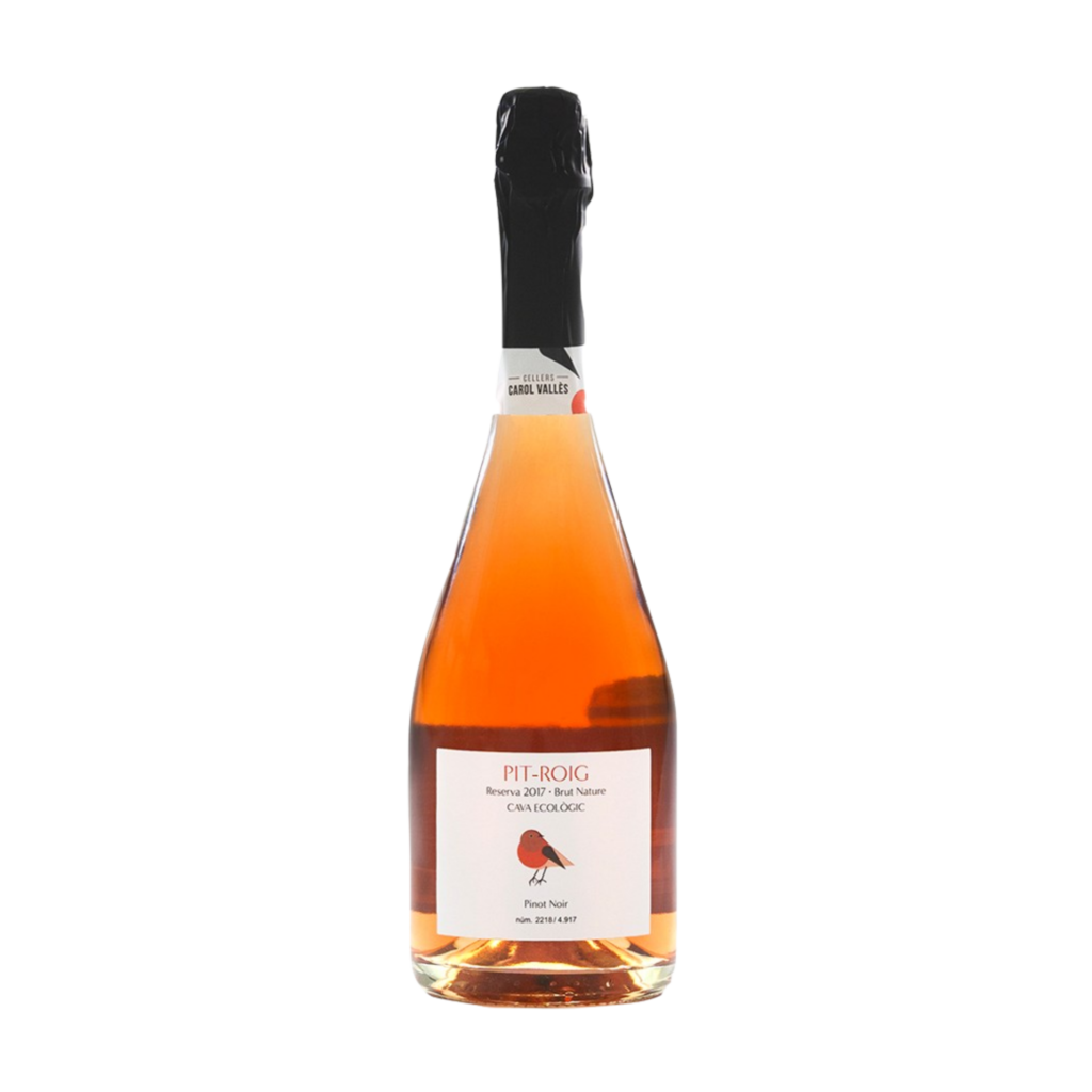 Ampolla d'escumós rosat Pit-Roig Brut Nature de cellers Carol Vallès, elaborat 100% amb Pinot Noir i ideal per acompanyar la coca de xocolata de Sant Joan.