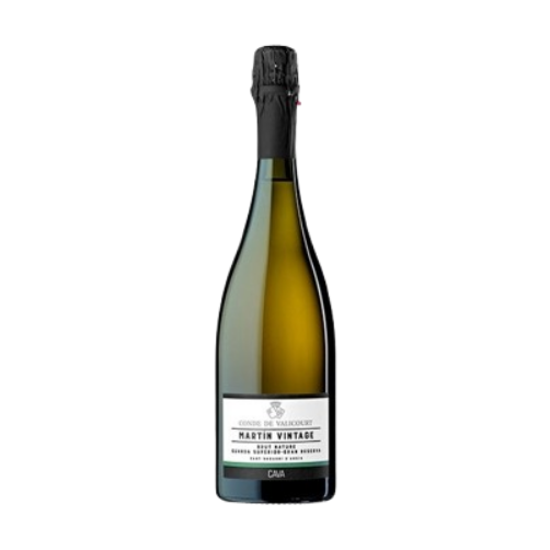 Ampolla de Cava Martin Vintage de Conde de Valicourt, un escumós de llarga criança amb notes de torrats i brioixeria perfecte per a la coca de llardons i pinyons.