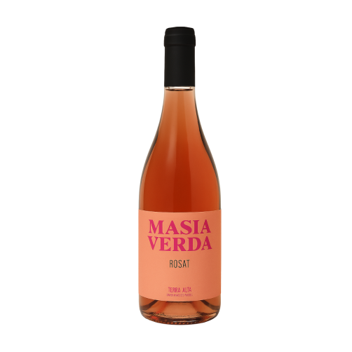 Ampolla de vi rosat Masia Verda de Celler Estones, 100% Garnatxa de la DO Terra Alta, amb un color rosa brillant i elegant.