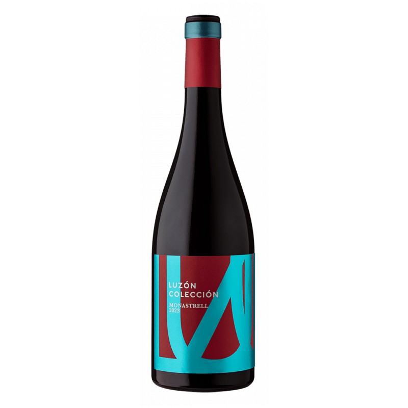 Ampolla de vi negre Luzón Colección Monastrell, DO Jumilla, amb la seva etiqueta minimalista i elegant característica.