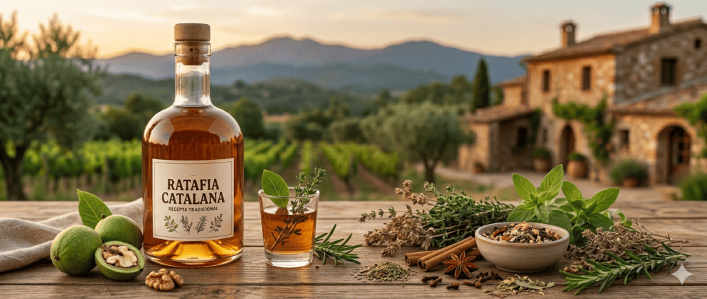 Botella de ratafía catalana artesanal en un entorno rural con viñedos de fondo, nueces verdes, hierbas medicinales y especias como canela y estrella de anís sobre una mesa de madera.