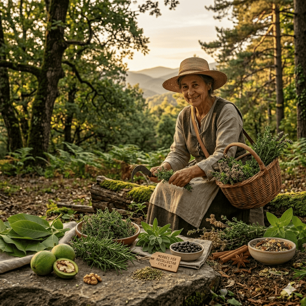 Mujer con sombrero de paja recolectando hierbas aromáticas y medicinales en el bosque en una cesta de mimbre para hacer la receta tradicional de la ratafía.