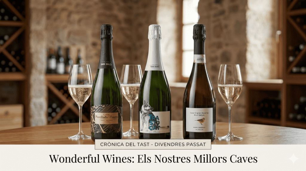 Crónica de cata de cavas: imagen que incluye tres botellas de cava de estilo vintage con sus copas delante: un Cava Parellada i Faura, un Cava Trastocat y un Cava Gran Reserva Brut Nature, sobre una mesa de madera en una bodega, para una entrada del blog de Wonderful Wines.