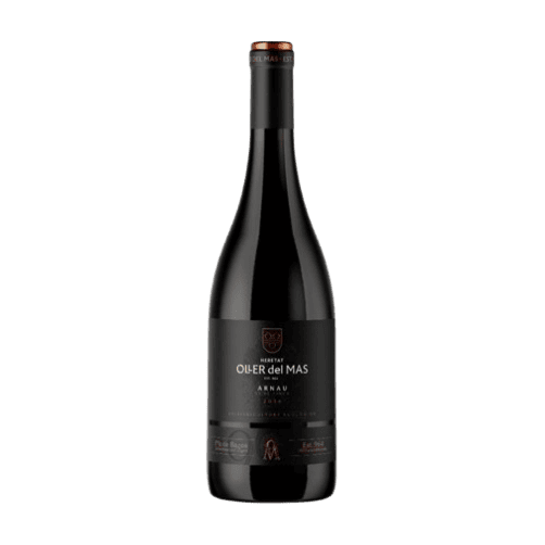 Botella de vino tinto Arnau Oller, Heretat Oller del Mas, etiqueta crema con el escudo de la finca