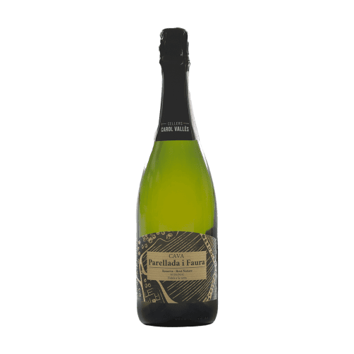Botella de Cava Parellada i Faura Gran Reserva de Cellers Carol Vallès con su etiqueta elegante y fondo blanco para la tienda online Wonderful Wines.