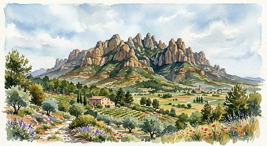 Pintura del macizo de Montserrat en la vertiente del Bages con su perfil escarpado y rocoso dominando un paisaje rural soleado.