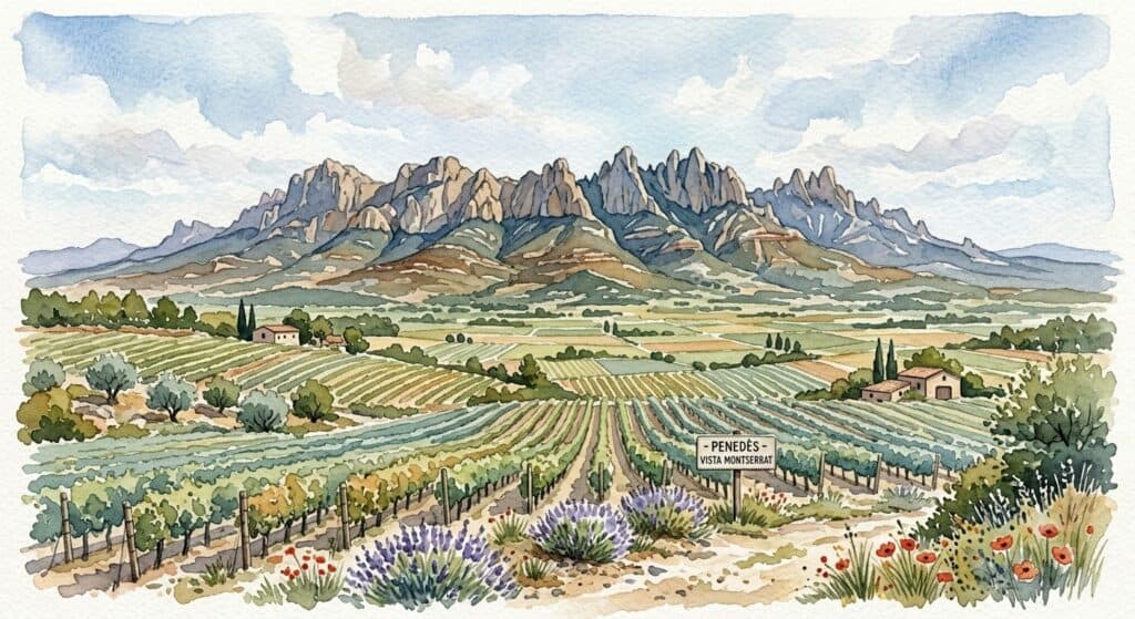 Vista panorámica de la cordillera de Montserrat desde la vertiente del Penedès.