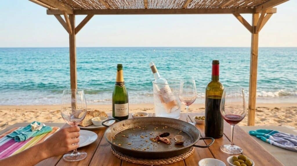 Sobretaula a la platja amb la paella acabada i les últimes copes de cava, rosat i negre vora el mar