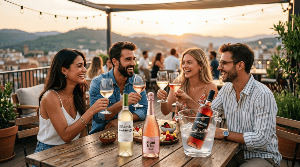 Un grup de quatre joves winelovers brindant i rient en una terrassa assolellada de Manresa amb copes de vi blanc i rosat, un vespre d'estiu.