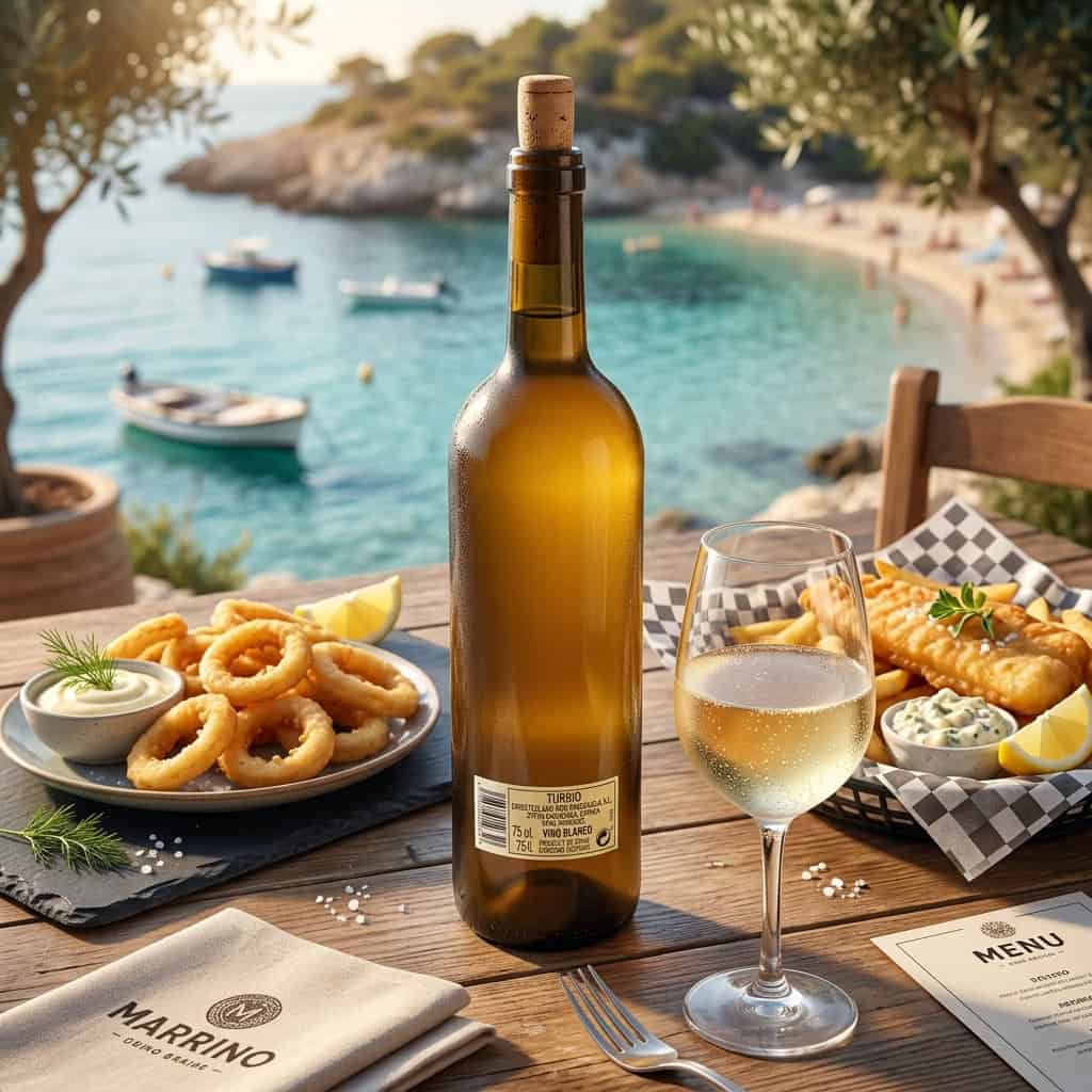 Maridaje de vino blanco turbio con calamares y fish & chips en una terraza con vistas al mar mediterráneo.