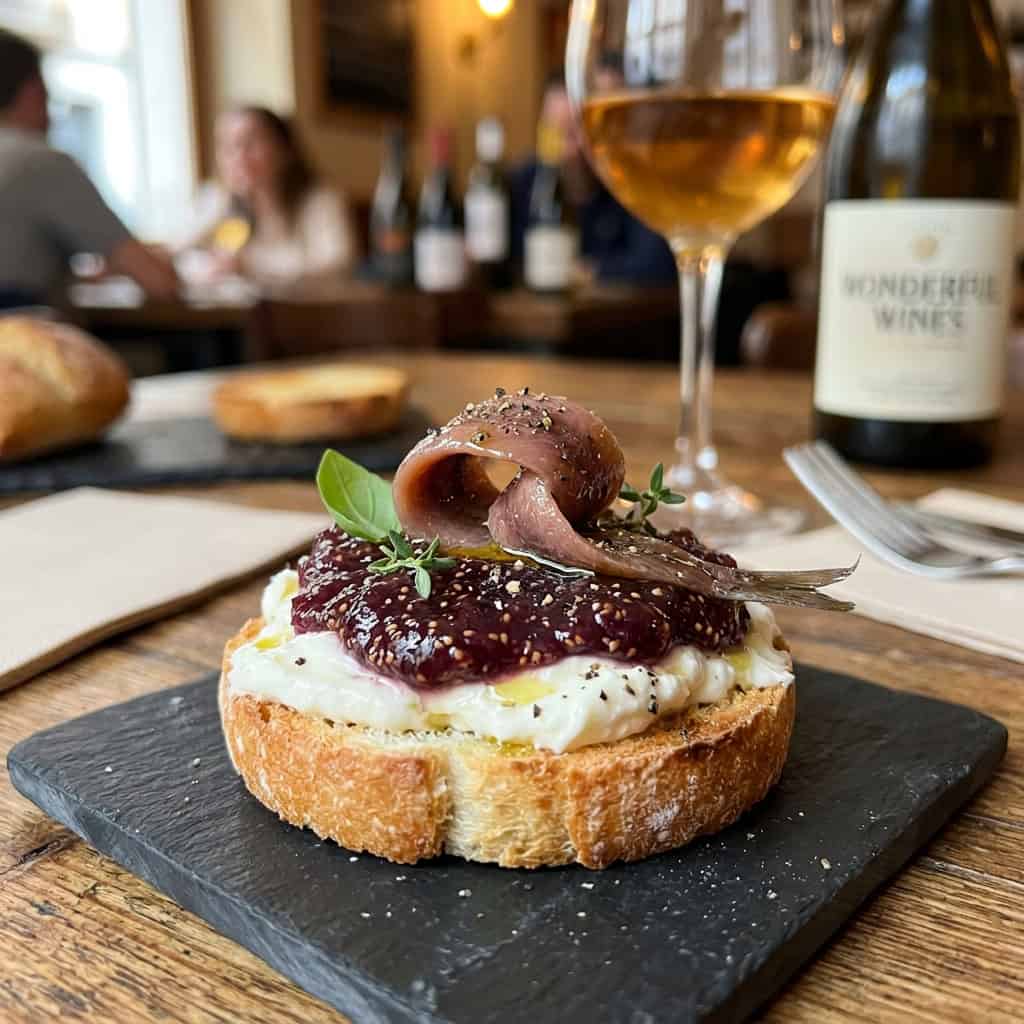 Tostada de crema de queso con mermelada de higo y anchoa de L'Escala maridada con vino Godello