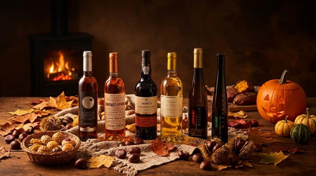 Selección de botellas de vino dulce y postres tradicionales de Wonderful Wines para la Castañada sobre una mesa rústica con elementos de otoño.